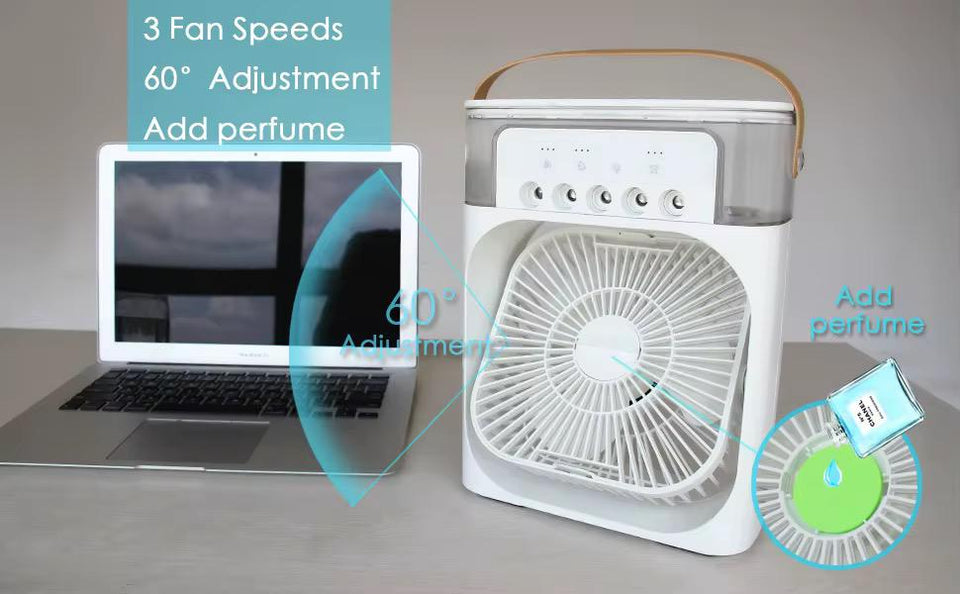 🌬️💡 MINI VENTILADOR LED + HUMIDIFICADOR 3 EN 1 – CONFORT, LUZ Y FRESCURA EN UN SOLO DISPOSITIVO ✨